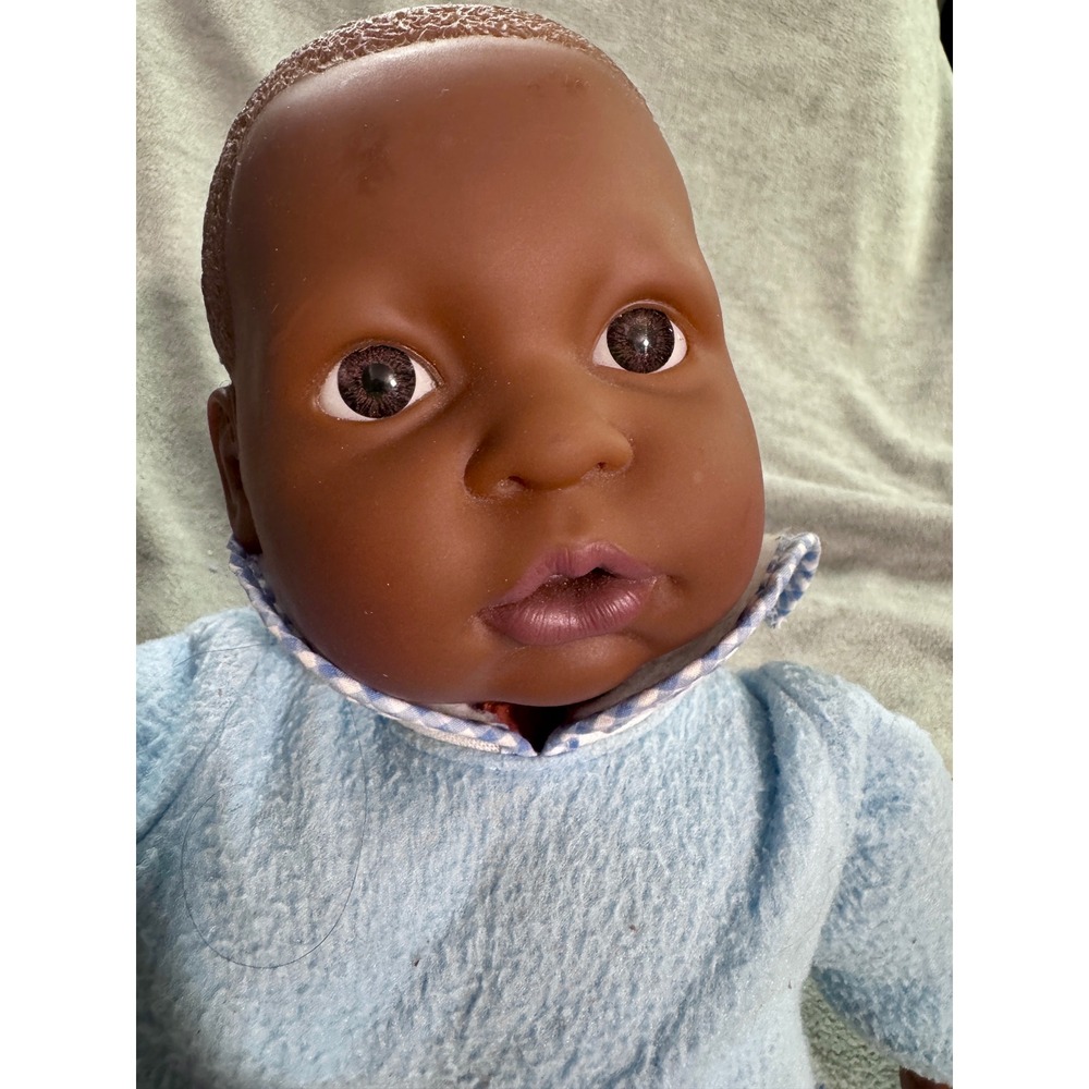 Berenguer Realistic Black Baby Doll Blue Fleece Romper Soft Body 14 Inch